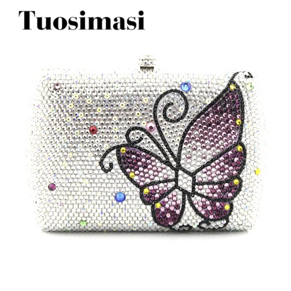 

Fashion Purple butterfly Pattern Newest white flower Crystal clutch purses Ladies Prom Bag Party Clutch Evening bag(1015WB)