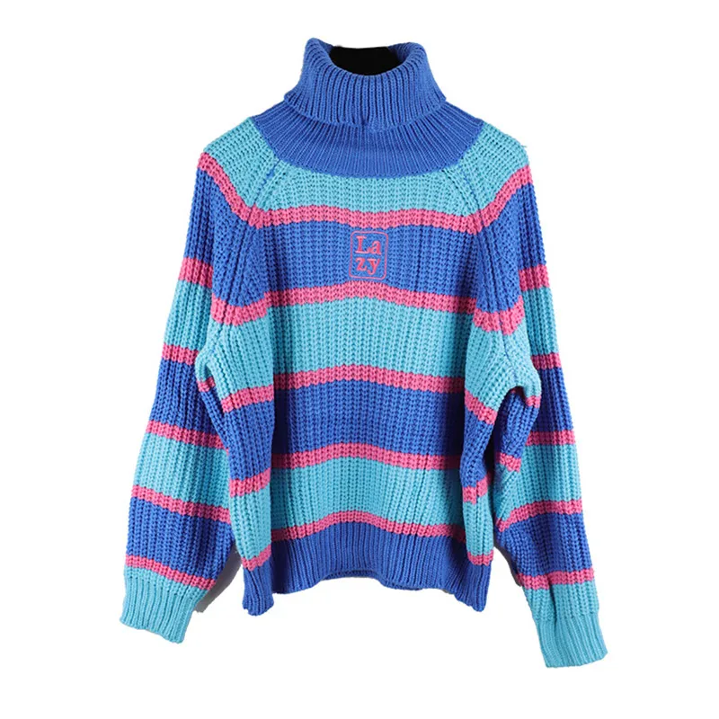 UNIF Womens Striped Roll Neck Jumper Runway sweater with Embroidered Letter Lazy Turtleneck Oversized Chunky Knit Pullovers