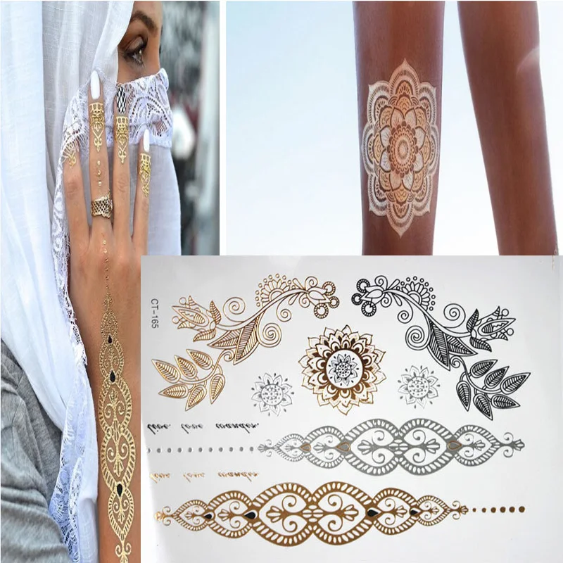 Новейший дизайн мерцающий боди-арт Тату flash gold jewelry большой временный арабский