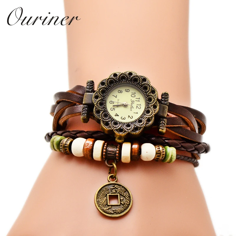 Ouriner Women Leather Bracelet Watch Women Dress Watches Round Safe