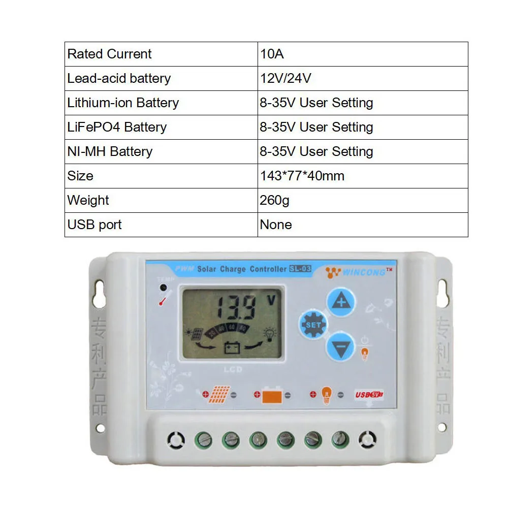 PWM Wincong Солнечный контроллер заряда 30A 10A 20A 3A 6 в 12 В 24 в 48 в 60 в литий-ионный Ni-MH LiFePO4 батарея - Цвет: SL03-10A