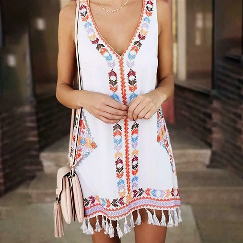 

2019 Women Vintage Sleeveless V Neck Mini Short Beach Dresses Women White Yellow Blue Printed Tassels Loose Casual Beach Dresses