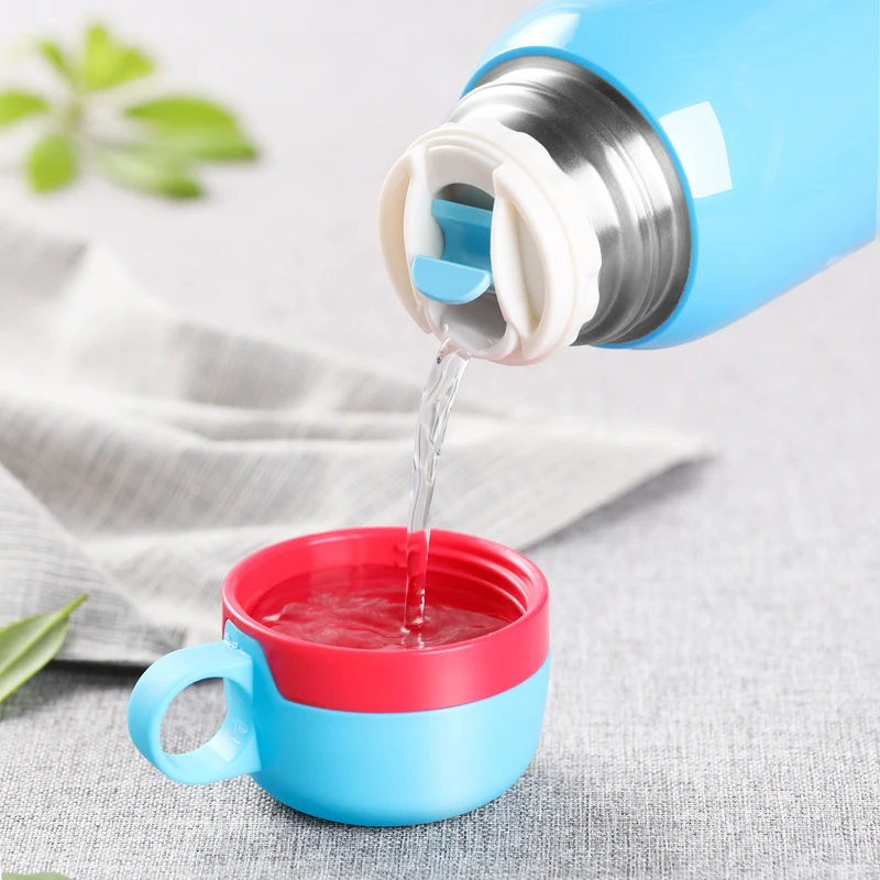 500ml Baby Feeding Thermos Cup Cute Cartoon Printed Portable Stainless Steel Vacuum Flask Birthday gift for kids baby with 2 Lid