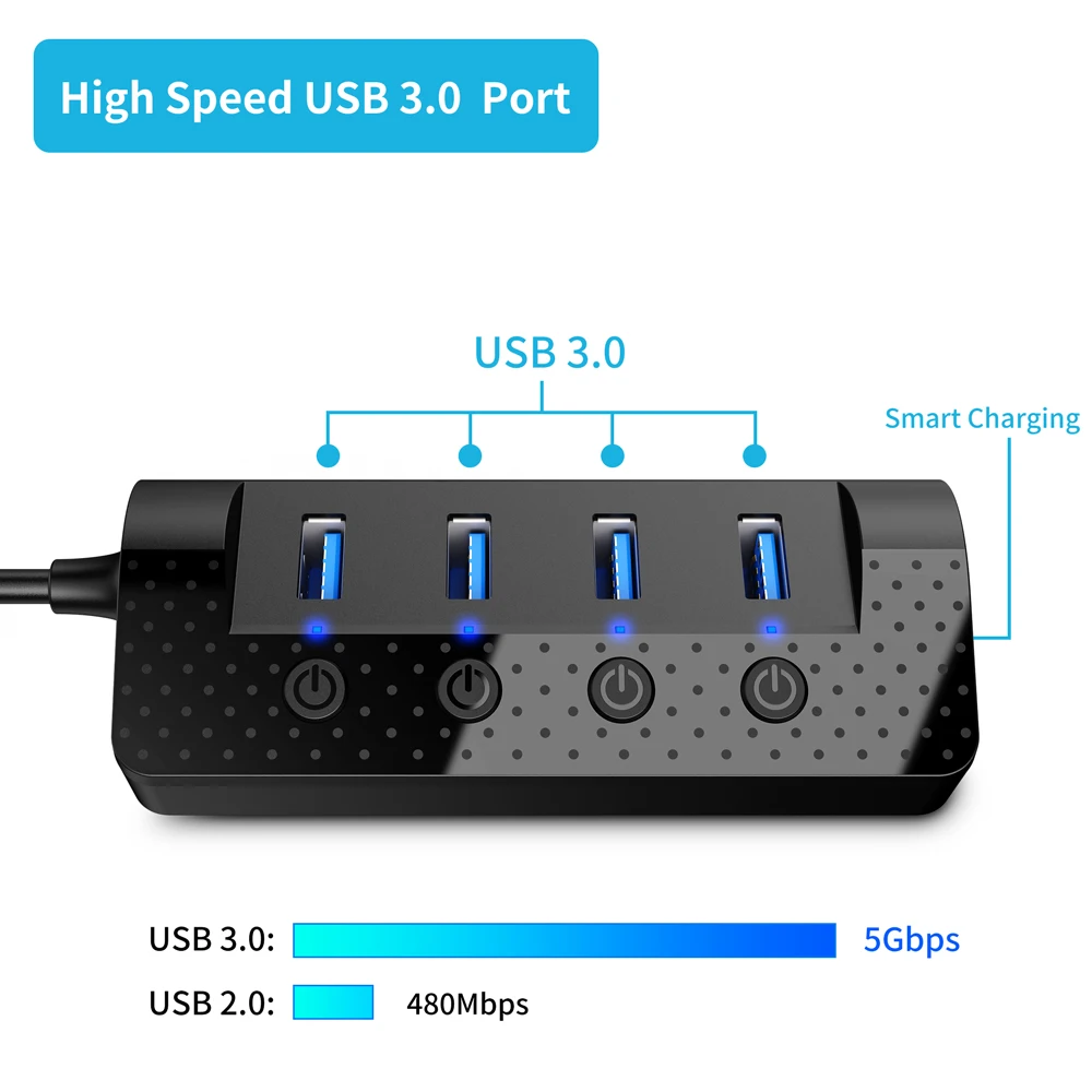 Atolla USB 3,0 концентратор разветвитель с 4 USB 3,0 порта передачи данных и 1 USB умный порт зарядки, индивидуальные переключатели питания и адаптер питания