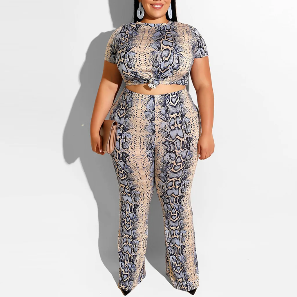 

Feitong Summer Womens Two Piece Set Sexy Plus Size Serpentine Leopard Print Blouse Set Short Sleeve O-Neck Long Pant Ladies Suit