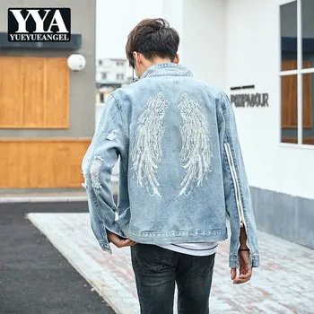 

Fashion Men Autumn Hip Hop Back Wings Embroidery Denim Jacket Long Sleeve Hole Ripped Jeans Coat Slim Streetwear Jeans Jackets