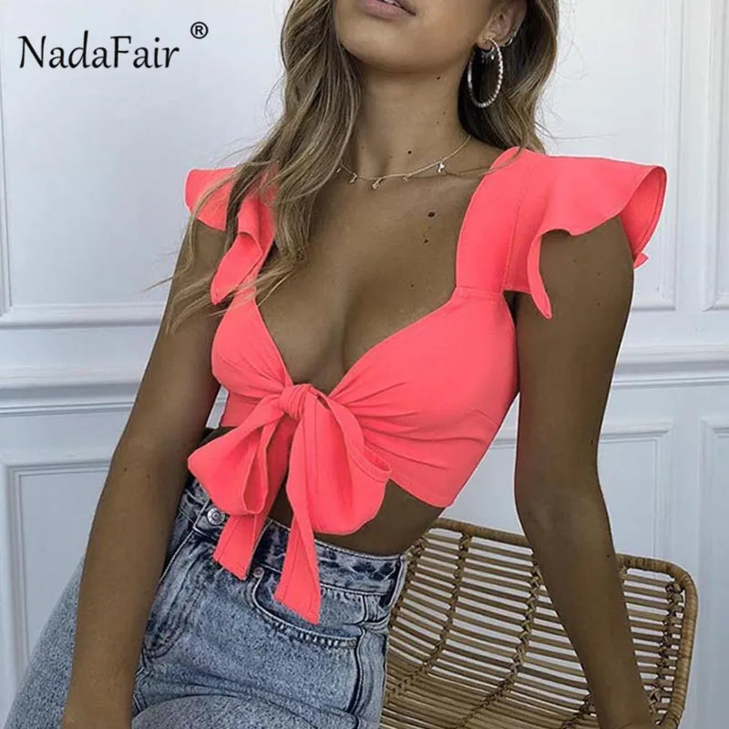 Nadafair женский летний неоновый укороченный топ с открытой спиной пикантные Клубные платье-футляр для вечеринки Топ 2019 рюшами рукав на
