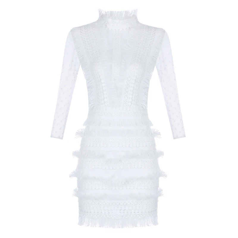 Max Spri, Летние Новые Вечерние платья для клуба, модное кружевное платье со стоячим вырезом и кисточками, облегающее мини-платье с длинным сетчатым рукавом - Цвет: White