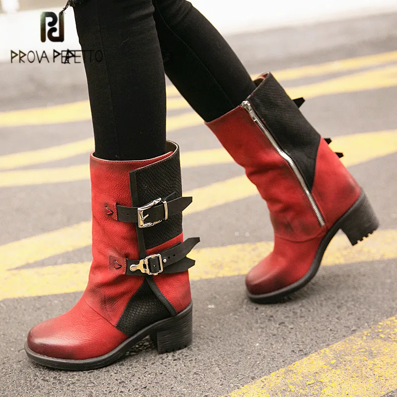 

Prova Perfetto Red Women Genuine Leather High Boots Belt Buckle Riding Boots Female Platform Rubber Shoes Woman Botas Mujer