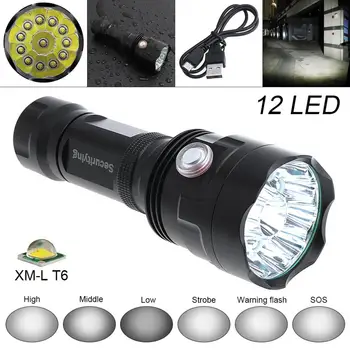 

Hot SecurityIng Super Bright 12x XM-L T6 LED 5000Lumens Waterproof Flashlight Torch with 6 Modes Light Support USB charging