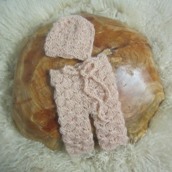 

Baby photography props,handmade knit shell pattern overalls for newborn photography props,Mohair pants with hat,baby gift