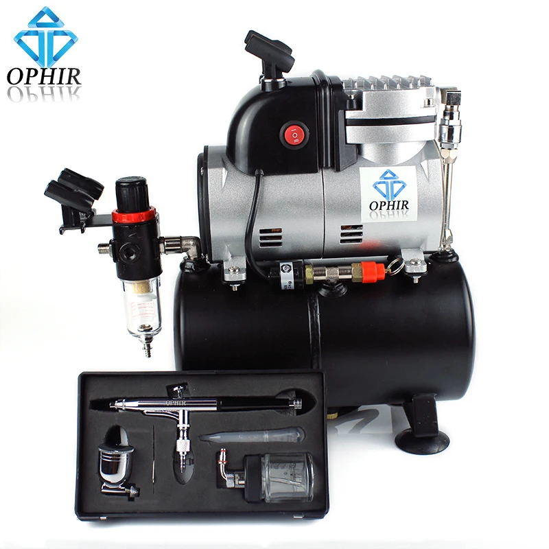 

OPHIR Single Cylinder Piston Compressor with Air Tank &Extra Cooling Fan 0.3mm Airbrush Kit For Temporary Tattoo_AC116+AC005