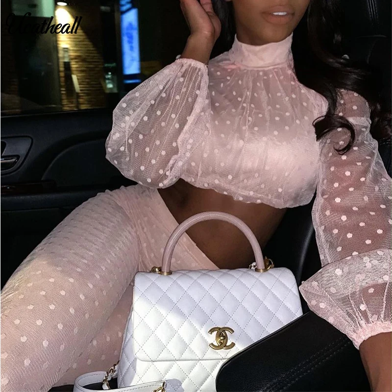 

Women Sexy Lace Trousers Transparent 2 Piece Sets Lantern Sleeve Blose+Pants Wave Point Mesh Elegant 2 Two Piece Set