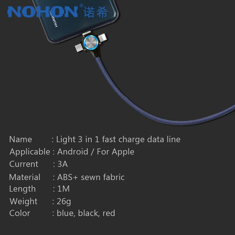 NOHON 3 в 1 USB кабель для передачи данных светодиодный 8 Pin для iPhone X 8 7 XS MAX XR Micro usb type C Android Быстрый зарядный кабель для Xiaomi huawei