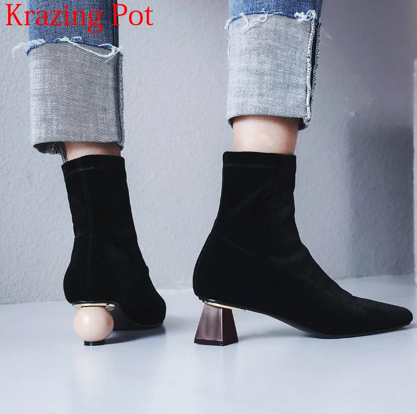 

2018 Superstar Luxury Elegant Lycra Winter Shoes Strange Style Fashion Boots for Women Streetwear Slip on Runway Ankle Boots L67