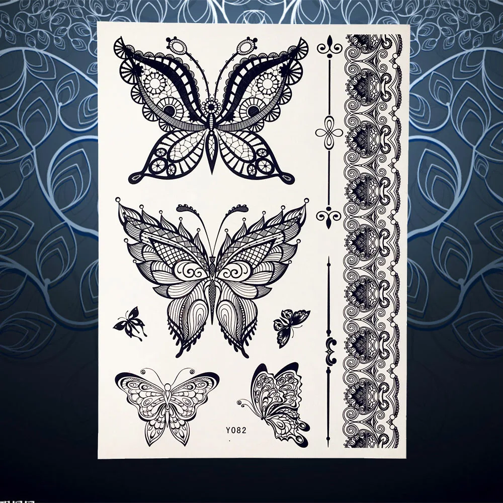 Ukuran Besar Hitam Henna Temporary Tattoo Kupu Kupu Logo Waterproof