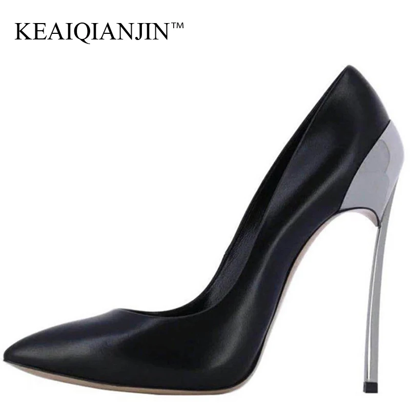 

KEAIQIANJIN Woman Plus Size 33 High Heels Shoes Sexy Stiletto Black Valentine Shoes Metal Decoration Pointed Toe Wedding Pumps