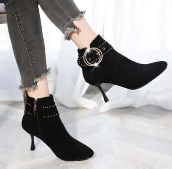

Winter New Fashion Boots Women's Boots Pointed Toe Stiletto High Heel Suede Side Zipper Boots Nice Round Metal Buckle Boots Lady