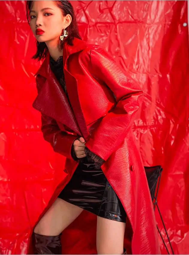Новейшая куртка из искусственной кожи, ветровка для женщин, зимняя Новинка, имитация крокодила, узкая, тонкая, длинная, кожаная верхняя одежда, пальто L1283 - Цвет: red