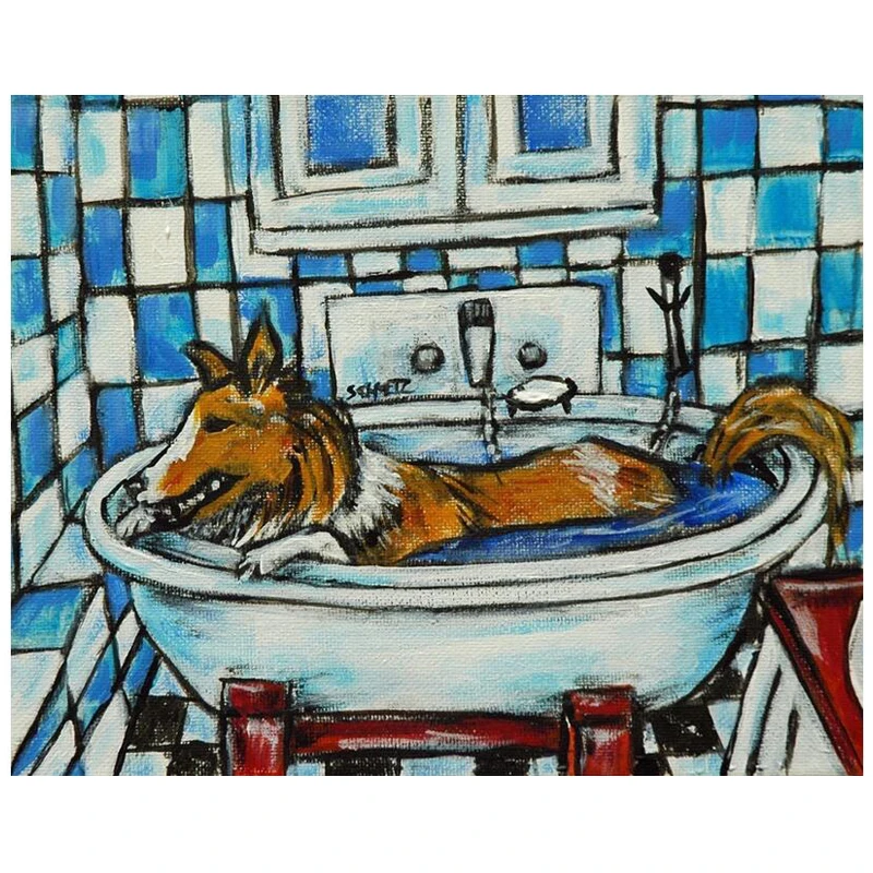 

5D Diy Diamond Painting Full Square Round Bathroom bathtub collie pet dog Diamond Embroidery Paintings by Number MosaicZP-1684