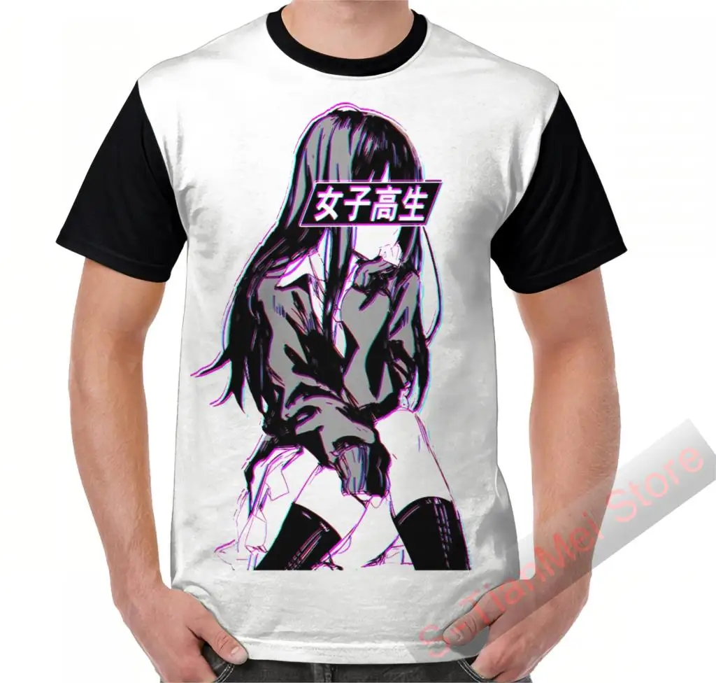 Summer Graphic t shirt men tops tees SCHOOLGIRL (Glitch) - Sad Japanese Anime Aesthetic printed women funny T-Shirt | Мужская одежда