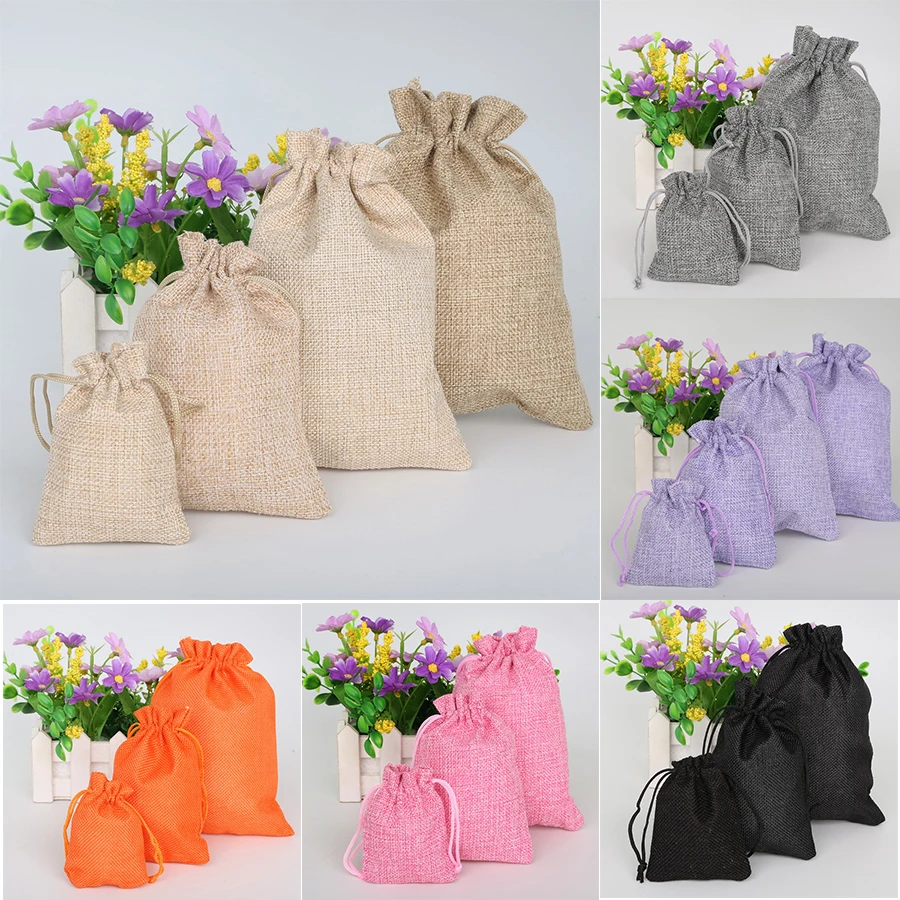 

5pcs/lot Vintage Natural Burlap Jute Gift Bags Candy Bags Wedding Favor Pouch Drawstring Jewelry Packaging Bag