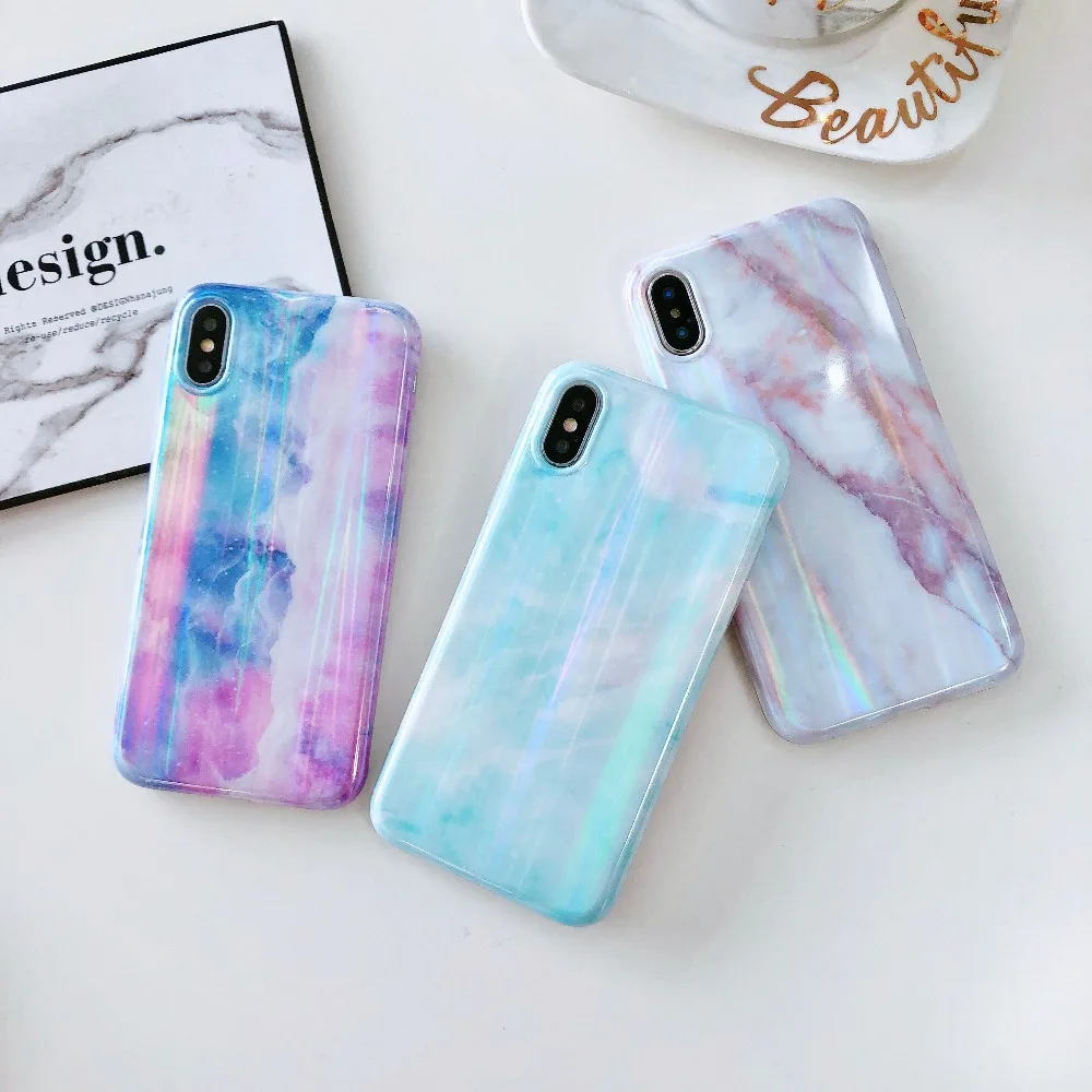 Case For iPhone X Xr Xs Max Cover Korean Laser Marble Skin Soft TPU Girly  (2)