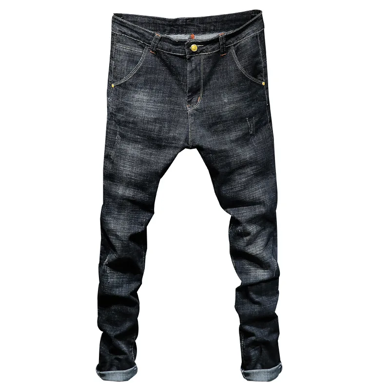 

Mens Business Leisure Working Jeans Moustache Effect Black Slim Fit Small Foot Elastic For Men No Belt Mj013