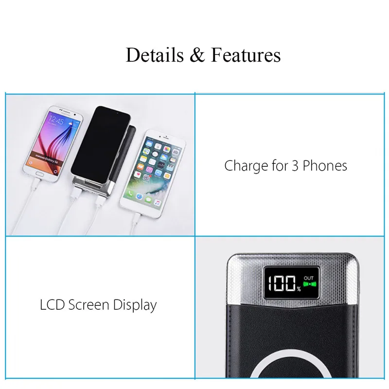 QI power Bank чехол, только сделай сам, алюминиевая Беспроводная зарядка, зарядное устройство для 3 мобильных телефонов, ЖК-дисплей, источник питания, внешняя батарея