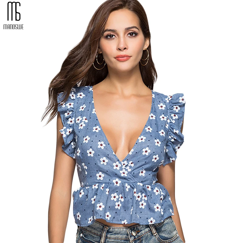 

Backless Lace Up Floral Women Vest V Neck Slim Sleeveless Butterfly Tops Sexy Blue Short Blouse Fashionable Shirt for Summer New