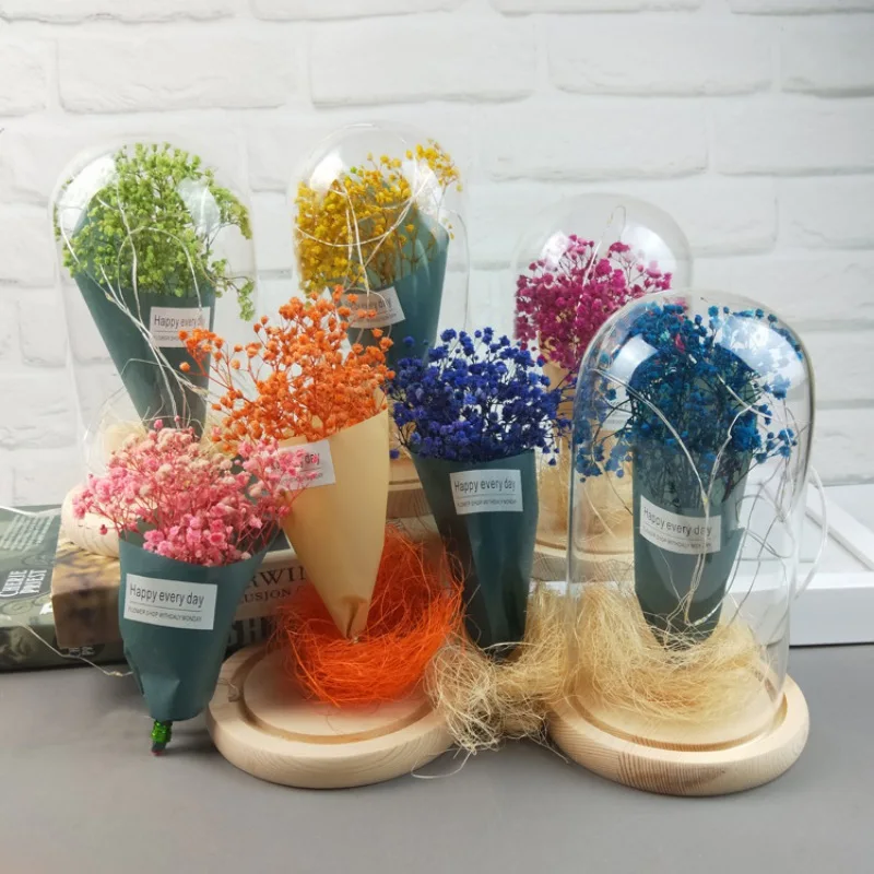 

Romantic Dried Babysbreath Bouquet Gift Led Gypsophila Glass Bottle with Light String Valentine's Gifts Wedding Gift