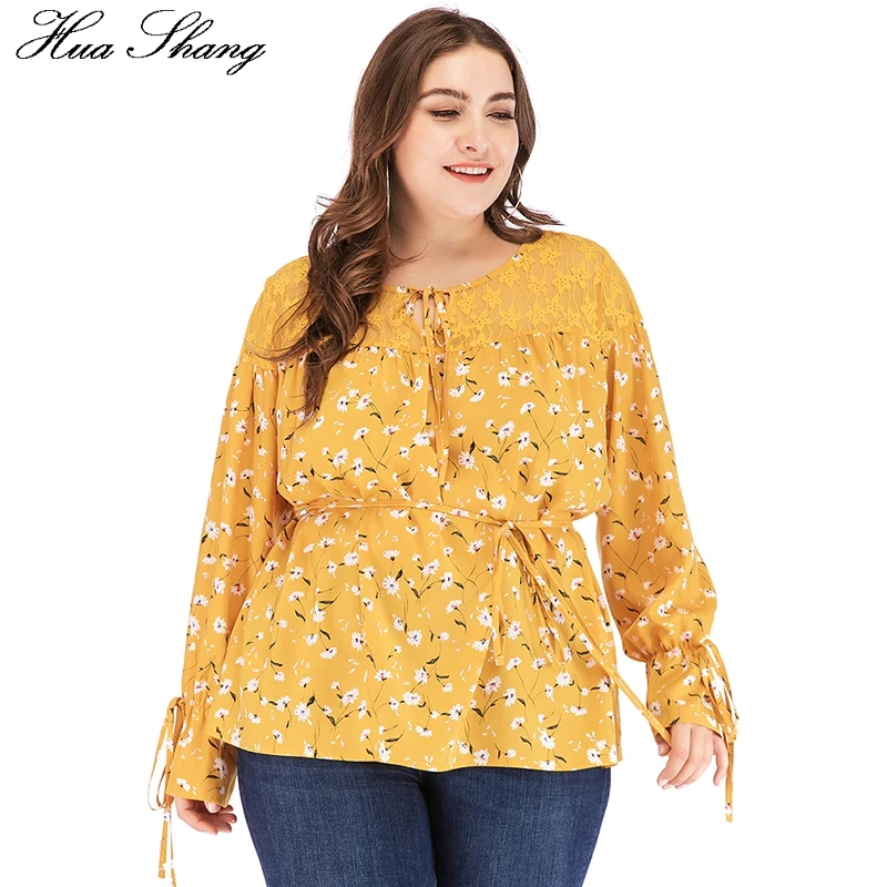 Floral Boho Blouse Yellow Women Summer Long Sleeve Lace Patchwork ...