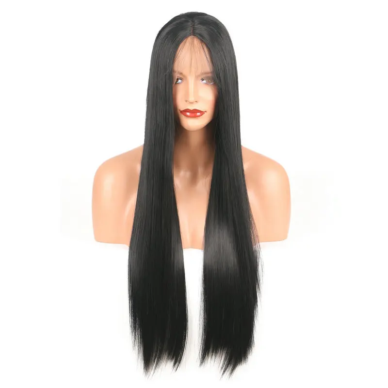 Marquesha реалистичный вид черный парик для волос длинные шелковистые прямые синтетические парики на шнурках спереди термостойкие волокна парик для женщин