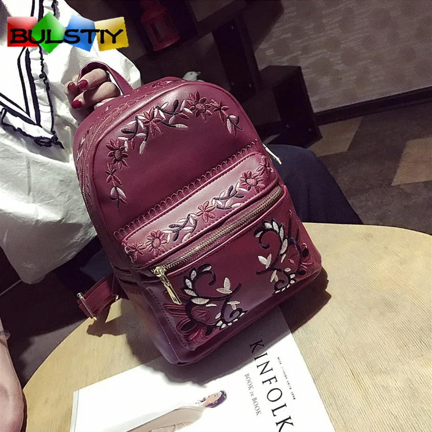 2017 Women Backpack Floral Embroidery Backpacks White PU Leather Bag For Teenage Girls School Bags Solid