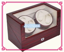 New 4+0 Automatic Wooden Stripped Wine Red + White Watch Winder Storage Display Case Box Rotate Leather