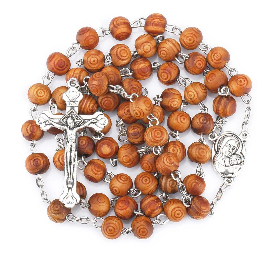 Catholic Rosary Necklace Wooden Beads Jesus Cross Pendant Necklace