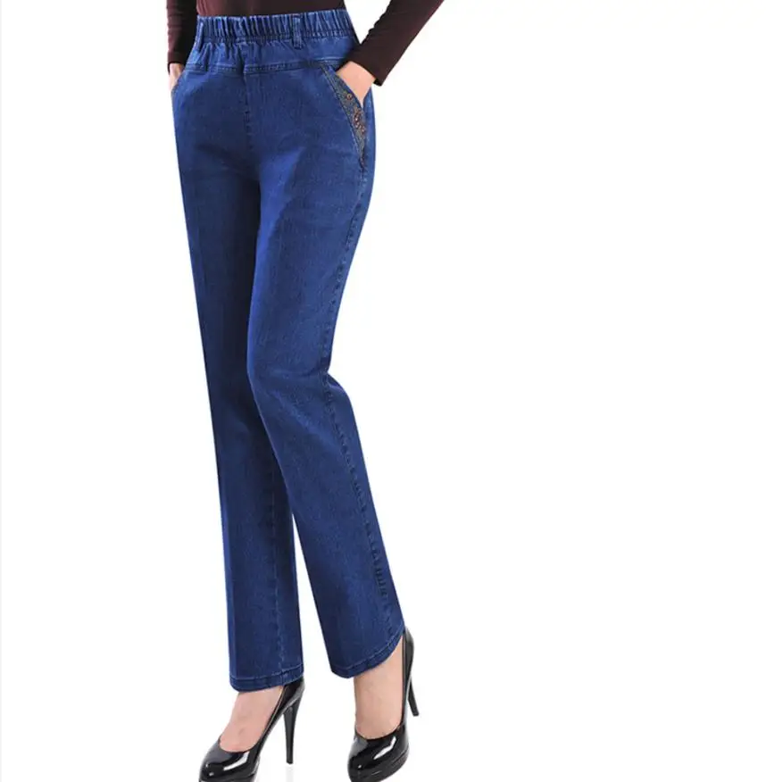 dark blue nomalr Брюки с вышивкой Элегантные джинсовые штаны для мамы джинсы с высокой талией прямые эластичные теплые вельветовые джинсы среднего возраста больших размеров wj1965 - Цвет: dark blue nomalr