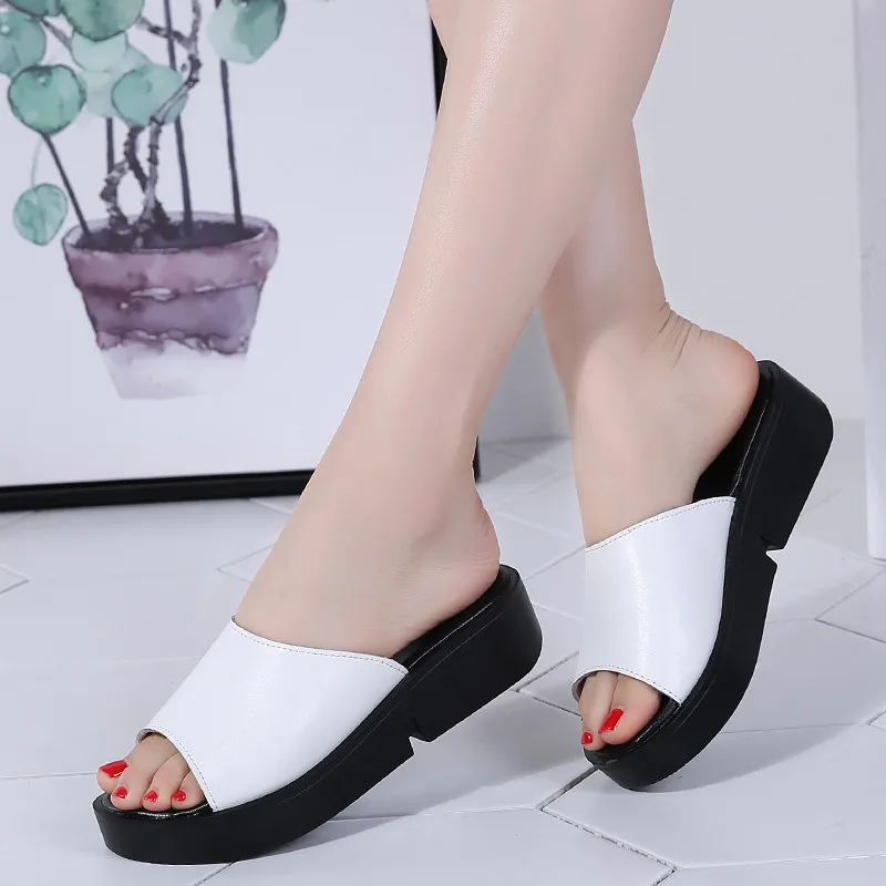 

Women Slipper Wedges Genuine Split Leather Slides Peep Toe Solid Platform Flip Flop Slip On Ladies Shoes Zapatos De Mujer 9218W