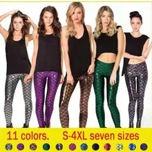 Лидер продаж, женские модели, леггинсы, 11 цветов, S-4XL, разноцветный принт, Русалочка, рыбья чешуя, принт с рыбками, блестящие, девять точек