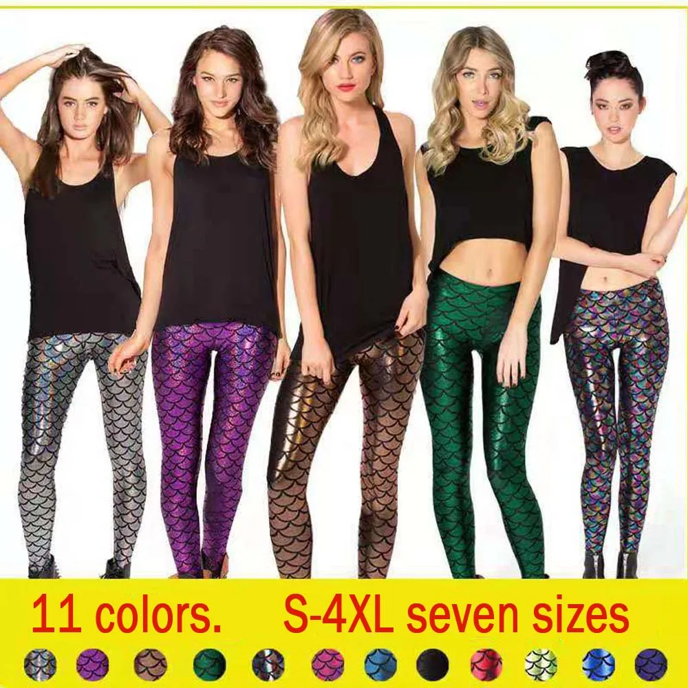

Hot sale female models scales leggings 11 colors S-4XL multicolor printing mermaid fish scales fish print shiny nine points legg