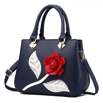 

Elegant Fashion PU Office Lady Handbag Blue Women's Bag Red Rose Flower Decoration Crossbody Messanger