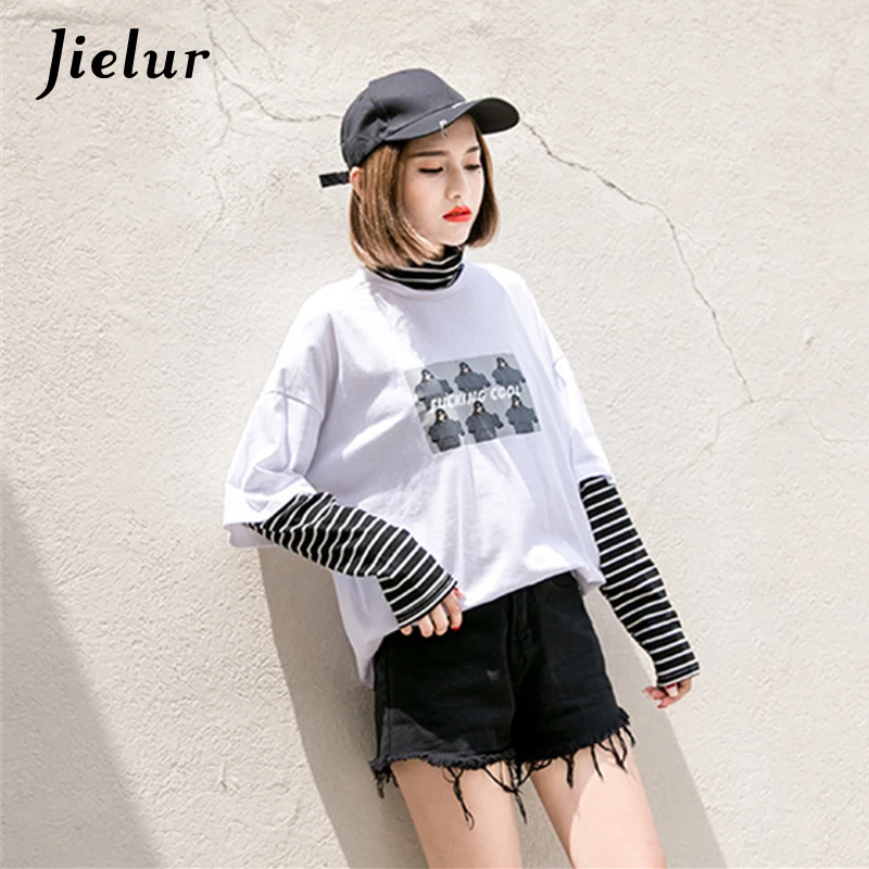 Jielur Корейский мультфильм буквенный принт Женский свитшот полосатый фальшивый из
