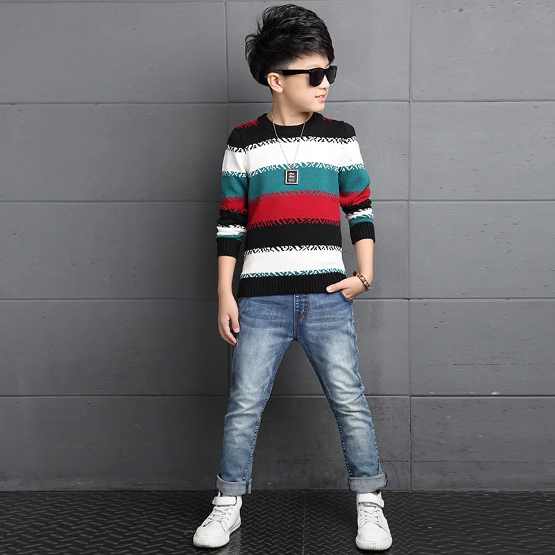 2016 Boys Sweater Kids Rainbow Striped Knit Pullover Fashion Children's