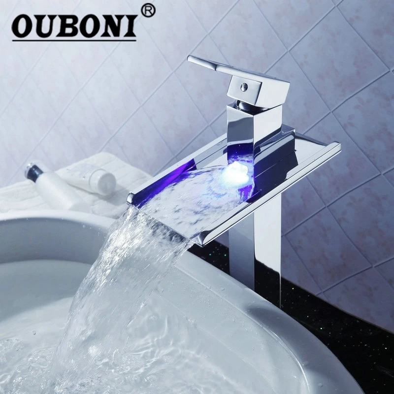 Ouboni новый Chrome светодиодный высокий смеситель Водопроводной воды Ванная комната