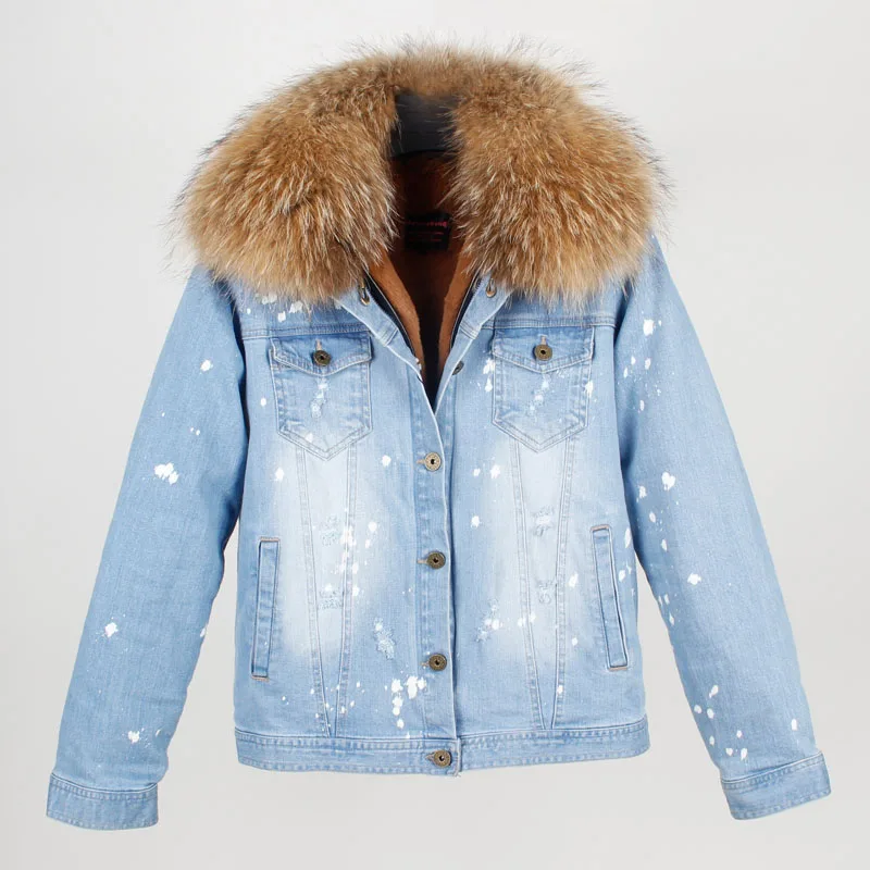 

2019 New FashionWinter Jacket Coat Women Holes Denim Jacket Real Large Raccoon Fur Collar And Faux Fur Thick Warm LinerBrand