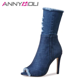 

ANNYMOLI Brand Design Women Boots Denim Peep Toe High Heel Boots Autumn Cutout Mid Calf Boots Female Shoes 2018 Blue Size 33-43