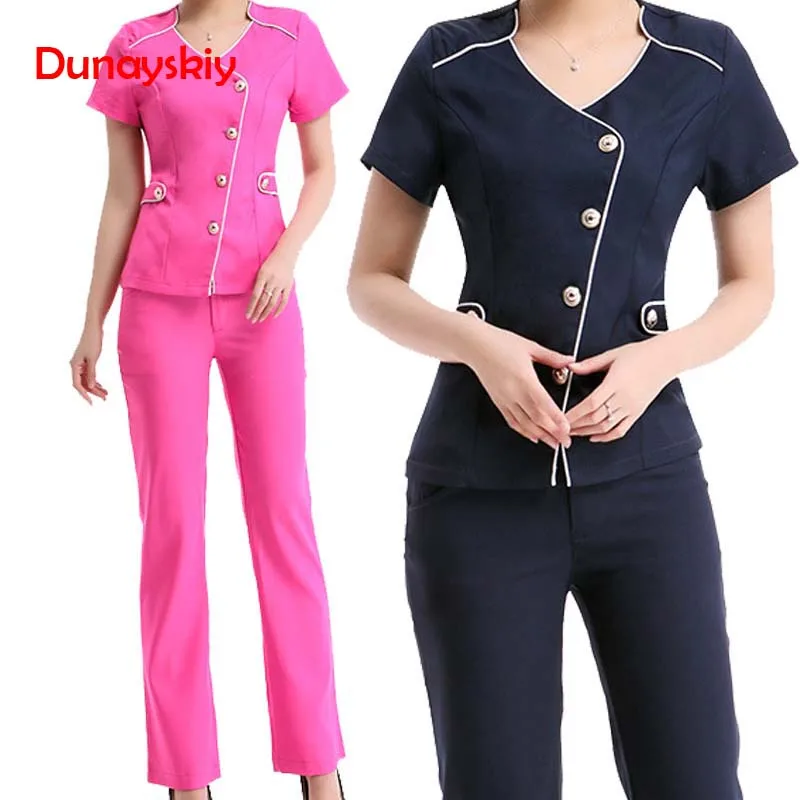

Women's Fashion Medical Nursing Uniforms Clothing High-quality Navy Blue Rose Red Solid Hospital Nurse Services Uniform