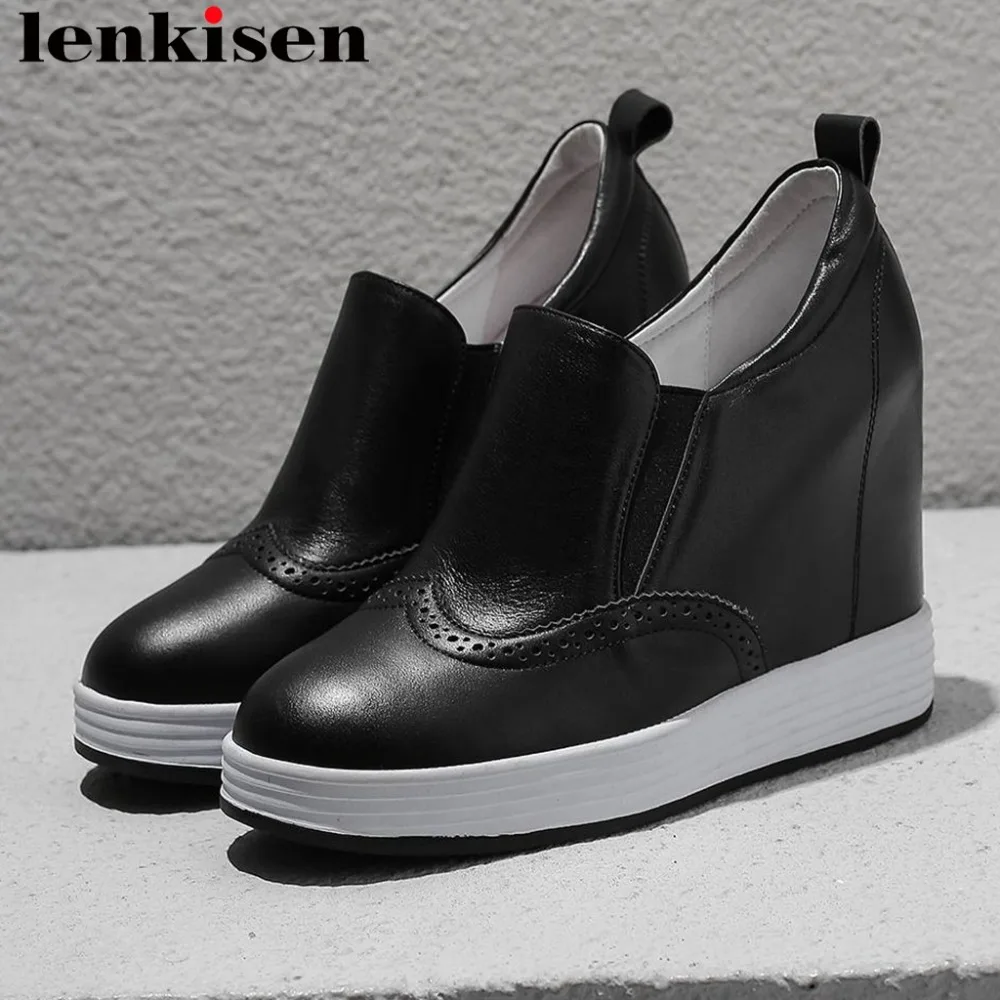 

Lenkisen handmade natural leather wedges heels round toe breathable high heels slip on runway increased vulcanized shoes L92