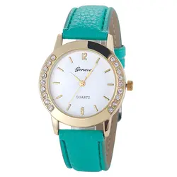 Женская мода аналоговый алмаз кожа кварцевые наручные часы-мятно-зеленый
