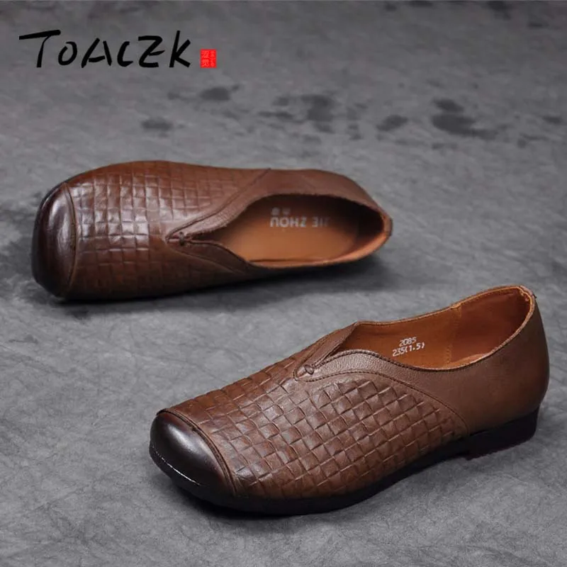 

Spring and autumn vintage women's shoes folk style hand-knitted flat bottom leather square head soft sole cowhide women's shoes